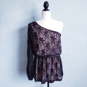 Bisou Bisou Black Lace Mini Dress One Shoulder XS